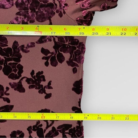 Vintage Velvet Floral Blouse, Large. Burgundy maroon semi sheer t-shirt top - Picture 11 of 13